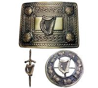 Scottihs Kilt Belt Buckle Antique Finish, Thistle Kilt Pin, Stag Head Pin & Brooches Shawl, Kilt Belt with Buckle Celtic Knot (Irish Harp)