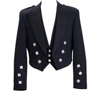 Scottish Black Wool Prince Charlie Kilt Jacket With Waistcoat, Black, 46