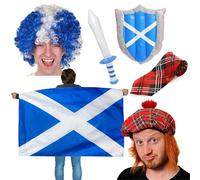 Scottish Celebration Set - Blue & White Afro Wig, 5ft X 3ft Flag Cape, Inflatable Sword and Shield, Red Tam O' Shanter Hat and Red & Black Necktie - Perfect for Burns Night & Scottish Celebrations