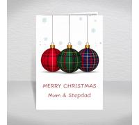 Scottish Christmas Card for Mum and Stepdad, Mom, Stepfather - Modern Tartan Bauble Design with Snowflakes, A5 Deluxe Card with a Special Verse Inside: Mum and Stepdad Christmas Card