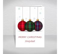 Scottish Christmas Card for Stepdad, Stepfather - Modern Tartan Bauble Design with Snowflakes, A5 Deluxe Card with a Special Verse Inside: Stepdad Christmas Card