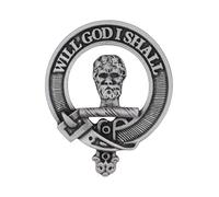 Scottish Clan Menzies Pewter Cap Badge with Vil God I Shall Motto, Handcrafted in UK, 5.2 x 6.4cm, Gift Boxed, Heritage Brooch