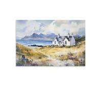 Scottish Coast Watercolor Painting Isle of Skye Seaside Cottage Poster 12x18inch(30x45cm)