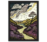 Scottish Countryside Path with Purple Heather Artwork Framed Wall Art Print A4 Artery8 Black One Size