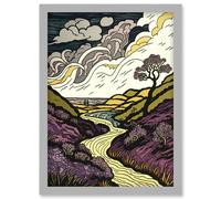 Scottish Countryside Path with Purple Heather Artwork Framed Wall Art Print A4 Artery8 Light Grey One Size