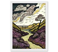 Scottish Countryside Path with Purple Heather Artwork Framed Wall Art Print A4 Artery8 White One Size