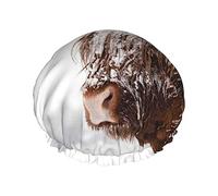 Scottish Cow In The Snow Pattern Shower Cap & Bath Cap For Women,Reversible Oversized Waterproof Shower Caps Large Designed For All Hair Lengths,Elastic Reusable Bathing Hair Cap