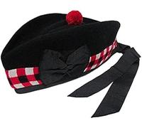 Scottish Diced Glengarry Wool Piper Hat 4 Kilts Army Bagpipe Band Red Pom Pom, 56 cm