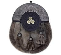 Scottish Dress Kilt Sporran Black Leather with Celtic Cantle Antique Finish Thistle - Stag Head - Welsh Dragon Badges Sporrans Bag (Irish Shamrock Sporran)