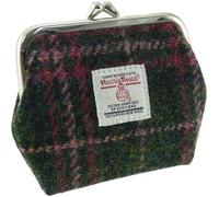 Scottish Essence Harris Tweed Coin Purse, Dark Green and Plum Check Pattern, Wool with Metal Frame Clasp, Traditional Style, 10x12x3cm