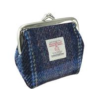 Scottish Essence Harris Tweed Coin Purse, Navy Blue Wool, Traditional Metal Frame Clasp, Handwoven in Outer Hebrides, 10x12x3cm