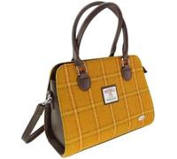 SCOTTISH ESSENCE Harris Tweed Midi Tote Bag, Mustard Yellow with Brown Leather Handles, Wool Tartan Check Pattern