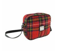 SCOTTISH ESSENCE Harris Tweed Mini Crossbody Bag, Royal Stewart Tartan Pattern, Handwoven Wool, Square Shape, Black Shoulder Strap, Classic Style, Red Plaid Design, 19cm x 21cm x 7cm.