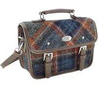 SCOTTISH ESSENCE Harris Tweed Mini Satchel Bag, Hand-Woven in Outer Hebrides, Adjustable Removable Shoulder Strap,15cm x 20cm x 7.5cm. (Grey with Rust Overcheck)