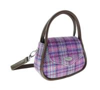 SCOTTISH ESSENCE Harris Tweed Round Mini Handbag, Handwoven Wool, Traditional Design, Multicoloured (Purple & Mint Check)