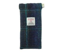 SCOTTISH ESSENCE Harris Tweed Unisex Glasses Case with Spring Clip, Soft Protective Eyewear Storage, 18cm x 9cm (Blue with Turquoise overcheck)