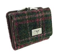 SCOTTISH ESSENCE Harris Tweed Wallet Purse with Card Slots, 8 cm x 11 cm x 3 cm, Small Clasp Design (Green and Plum Check)