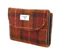 SCOTTISH ESSENCE Harris Tweed Women's Small Wallet with Zip Coin Pocket, Card Slots, Note Compartment (Rust with Orange Overcheck)
