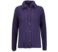 SCOTTISH ESSENCE Ladies Pure British Wool Aran Cardigan with Fly Collar, UK Made (UK, Alpha, S, Regular, Regular, Purple Heather)