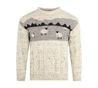 SCOTTISH ESSENCE Unisex Aran Jumper, Traditional Sheep Scene Pattern, 100% British Chunky Wool, Skiddaw, Winter Warm Knit (UK, Alpha, XXL, Regular, Regular) Beige