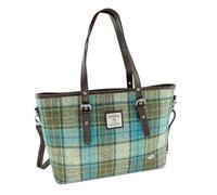 SCOTTISH ESSENCE Women's Harris Tweed Large Tote Bag with Shoulder Strap, Tweed Material, Carry Handle (Turquoise Tartan)