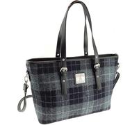 SCOTTISH ESSENCE Women's Harris Tweed Large Tote Bag with Shoulder Strap, Tweed Material, Carry Handle (Grey/Black Tartan)