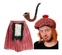 Scottish Fancy Dress Costume Kit - Red Tartan Kilt, Ginger Wig Hat & Novelty Pipe - Highland Outfit Accessories for Parties & Stag Nights