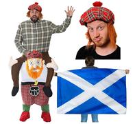 Scottish Flag Cape, Pick Me Up Costume & Tam O' Shanter Hat - Red Tam O' Shanter Hat, Scotsman Pick Me Up and Large 5ft X 3ft Scottish Flag Cape - Perfect for Burns Night & Scottish Celebrations
