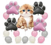 Scottish Fold Cat Birthday Party Decorations 18 Piece Balloon Set - Large 21x35 Inch Folded Ear Kitten Foil Balloon with Pink Gray Paw Print Balloons - Cat Lover Party Supplies