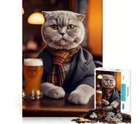 Scottish Fold Cat in Pub Jigsaw Puzzle 1000 Piece for Adults Smart Reason Toy Home Pastime Smooth Edge Art Collectible (38x52cm)