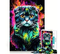 Scottish Fold Cat Portrait Neon Jigsaw Puzzles 1000 Piece for Teenagers Mental Logic Toy Calm Escape Fine Edge Art Collectible (50x75cm)