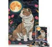 Scottish Fold Cat Under The Moon Jigsaw Puzzles 1000 Piece for Teenagers Mental Logic Toy Calm Escape Fine Edge Art Collectible (38x52cm)