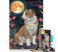 Scottish Fold Cat Under The Moon Jigsaw Puzzles 1000 Piece for Teenagers Mental Logic Toy Calm Escape Fine Edge Art Collectible (38x52cm)