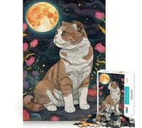 Scottish Fold Cat Under The Moon Jigsaw Puzzles for Teenagers 1000 Piece Wise Think Toy Gentle Leisure Tight Cut Santa Wish List (38x26cm)