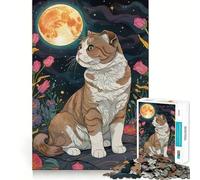 Scottish Fold Cat Under The Moon Jigsaw Puzzles for Teenagers 1000 Pieces Wise Think Toy Leisure Fun Clear Cut Wall Art Decor (50x75cm)