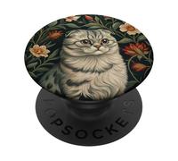 Scottish Fold Silver Gray Tabby Cat Floral PopSockets Adhesive PopGrip