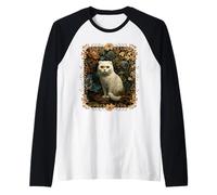 Scottish Fold White Cat in a Vintage Cottage Garden Raglan Baseball Tee