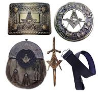 Scottish Full Dress Kilt Sporran Celtic Cantle Antique, Kilt Belt with Buckle, Kilt Brooch, Kilt Pin Various Style Pewter Solid Celtic Knot, Kilt Belt Leather Plain (Masonic, Large Belt)
