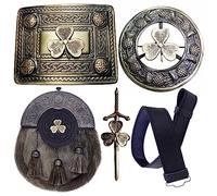 Scottish Full Dress Kilt Sporran Celtic Cantle Antique, Kilt Belt with Buckle, Kilt Brooch, Kilt Pin Various Style Pewter Solid Celtic Knot, Kilt Belt Leather Plain (Irish Shamrock, 2XL Belt)