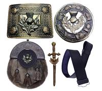 Scottish Full Dress Kilt Sporran Celtic Cantle Antique, Kilt Belt with Buckle, Kilt Brooch, Kilt Pin Various Style Pewter Solid Celtic Knot, Kilt Belt Leather Plain (Thistle, Small Belt)