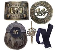 Scottish Full Dress Kilt Sporran Celtic Cantle Antique, Kilt Belt with Buckle, Kilt Brooch, Kilt Pin Various Style Pewter Solid Celtic Knot, Kilt Belt Leather Plain (Welsh, XL Belt)