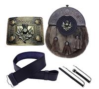 Scottish Full Dress Kilt Sporran Celtic Cantle Antique, Kilt Belt with Buckle Various Style Pewter Solid Celtic Knot, Kilt Belt Leather Plain (Thistle, Large)