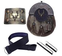 Scottish Full Dress Kilt Sporran Celtic Cantle Antique, Kilt Belt with Buckle Various Style Pewter Solid Celtic Knot, Kilt Belt Leather Plain (Stag Head, Large)