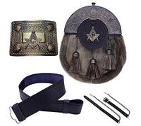 Scottish Full Dress Kilt Sporran Celtic Cantle Antique, Kilt Belt with Buckle Various Style Pewter Solid Celtic Knot, Kilt Belt Leather Plain (Masonic, Large)