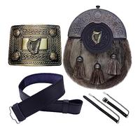 Scottish Full Dress Kilt Sporran Celtic Cantle Antique, Kilt Belt with Buckle Various Style Pewter Solid Celtic Knot, Kilt Belt Leather Plain (Irish Harp, Large)