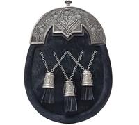 Scottish Full-Dress Kilt Sporran for Men - Black Fur with Antique Pewter Thistle Cantle and Leather Chain Belt - Handcrafted Traditional Highland Accessory (Celtic Thistle Cross Tassles)