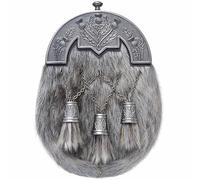 Scottish Full-Dress Kilt Sporran for Men - Black Fur with Antique Pewter Thistle Cantle and Leather Chain Belt - Handcrafted Traditional Highland Accessory (Celtic Thistle Cross Tassles - Brown)