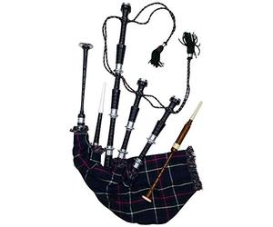 Scottish Full Size Bagpipe Silver Plain Mounts Black Finish Highland Bagpipes with accessories (Black, Mackenzie)