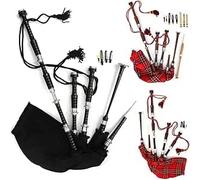 Scottish Great Highland Bagpipe Black Plain Full Silver Mount Utility Tartan, Red And Brown Royal Stewart Tartan Bagpipe With Free Carry Bag & Free Practice Chanter (Brown Bagpipe)
