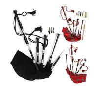 Scottish Great Highland Bagpipe Black Plain Full Silver Mount Utility Tartan, Red And Brown Royal Stewart Tartan Bagpipe With Free Carry Bag & Free Practice Chanter